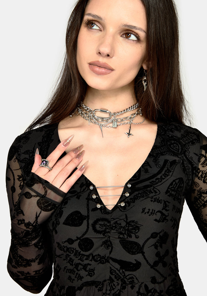 Sanct Flocked Mesh Long Sleeve Mini Dress