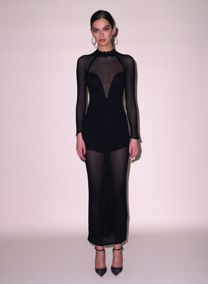 Scalloped Pointelle Knit Dress-black-Fleur du Mal