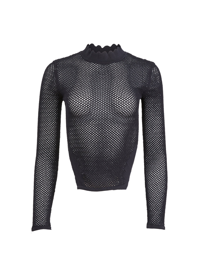 Scalloped Pointelle Knit Top-black-flat
