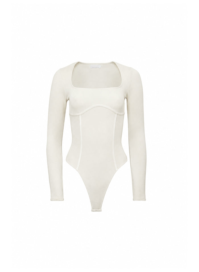 Scoop Neck Long Sleeve Bodysuit-cream pearl-flat