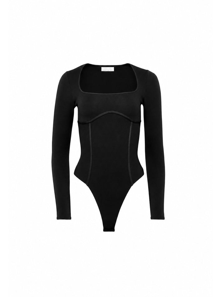 Scoop Neck Long Sleeve Bodysuit-black-flat