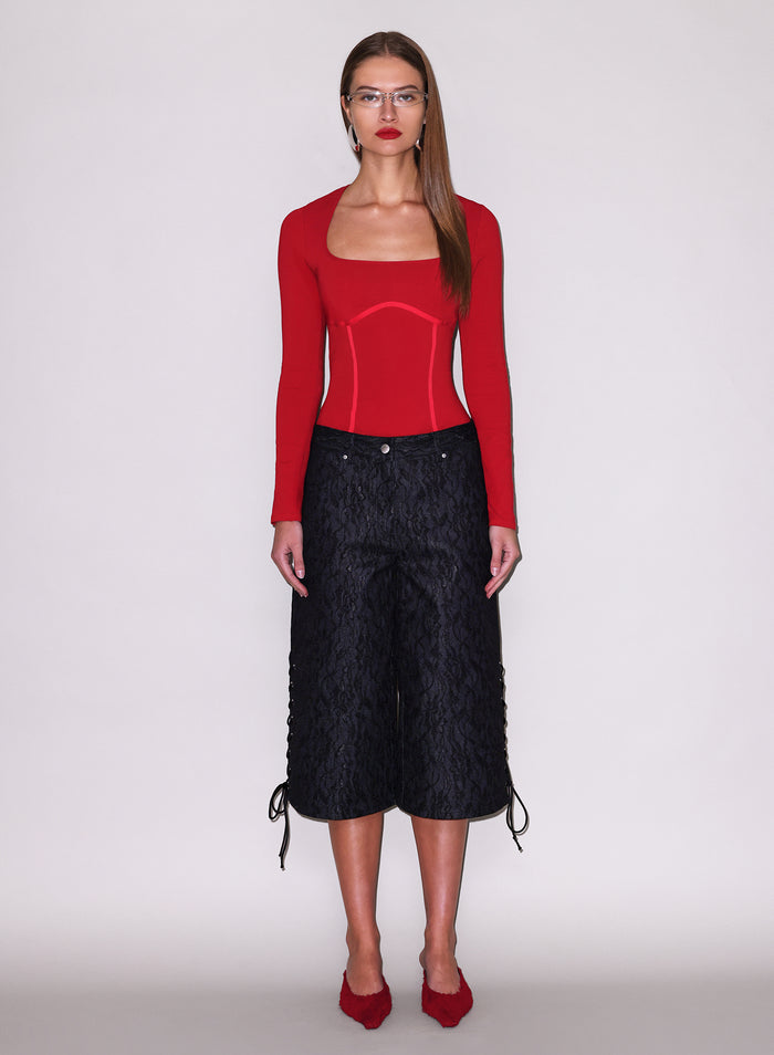 Scoop Neck Long Sleeve Bodysuit-rouge