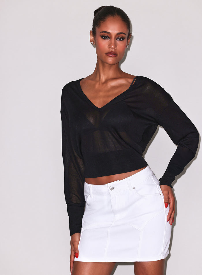 Sheer Knit V-Neck Sweater-black-Fleur du Mal