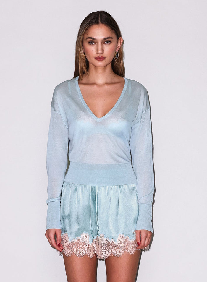 Sheer Knit V-Neck Sweater-frosted mint-flat