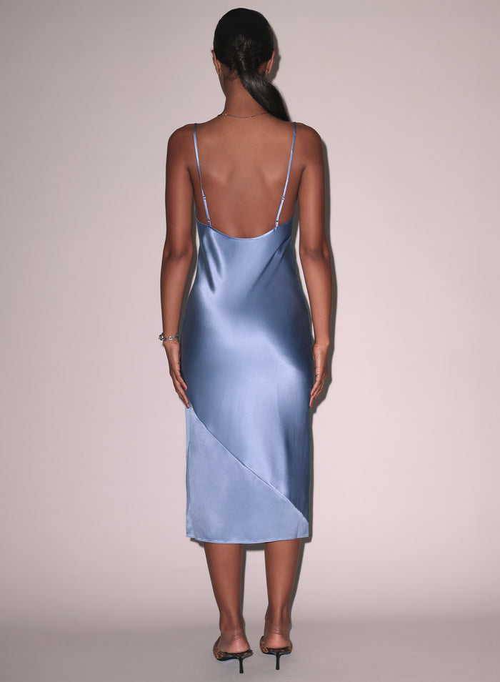 Silk Bias Slip Dress-denim blue