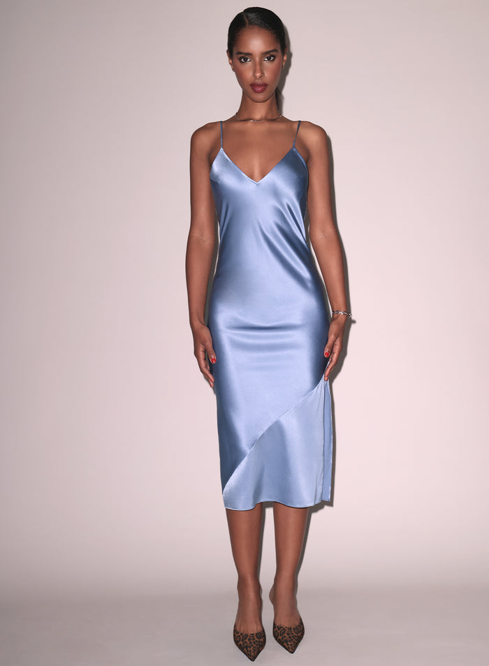 Silk Bias Slip Dress-denim blue