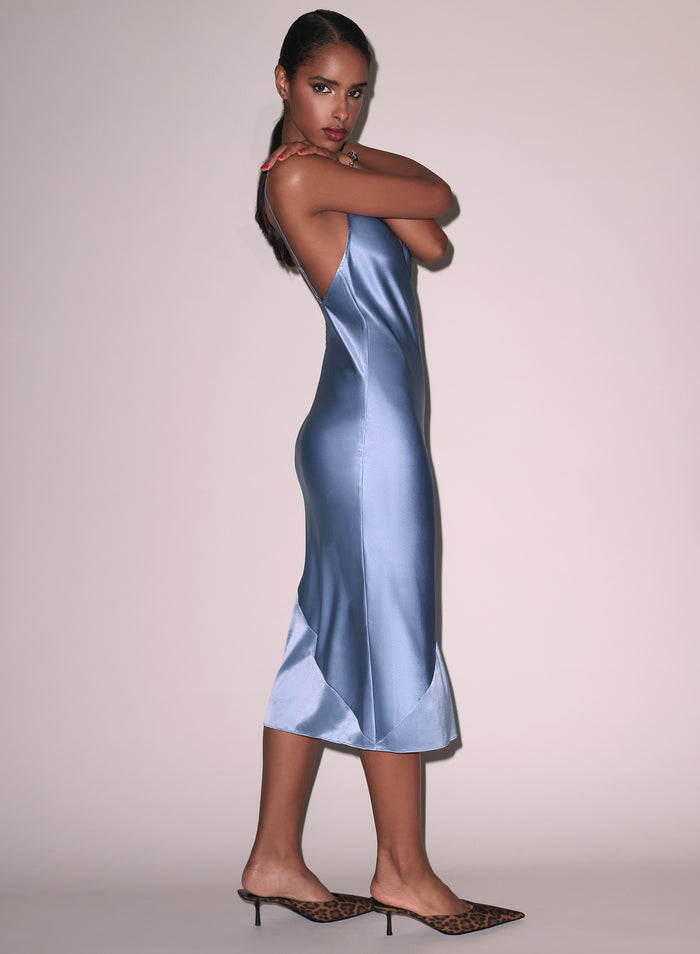 Silk Bias Slip Dress-denim blue