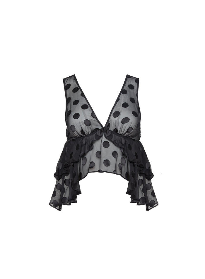 Silk Dot Ruffle Top-black-flat
