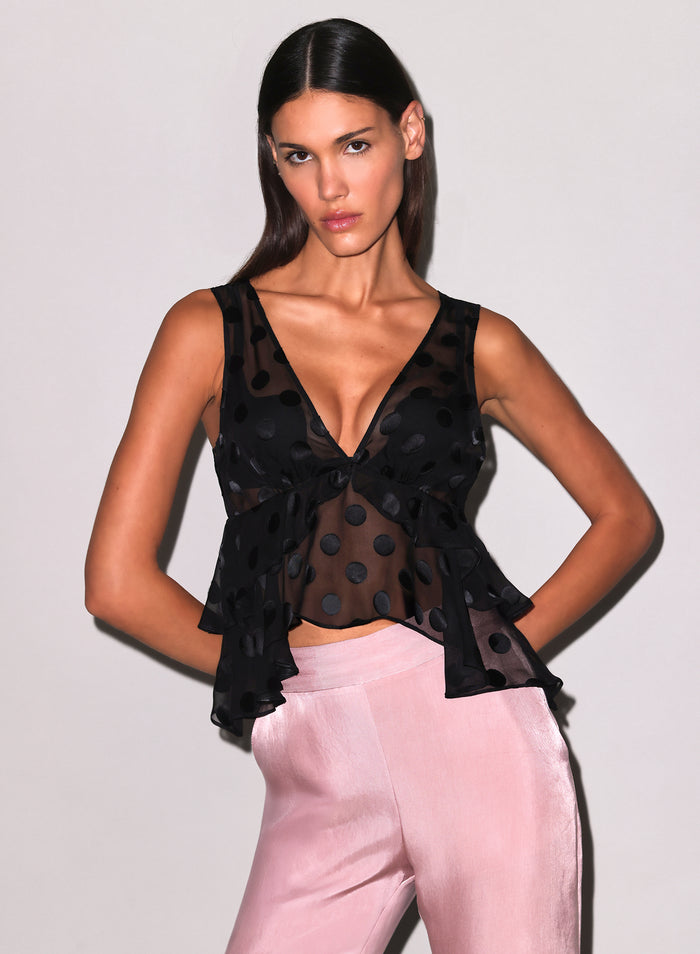 Silk Dot Ruffle Top-black