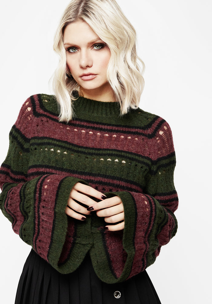 Splinter Stripe Knit Flare Sleeve Crop Sweater