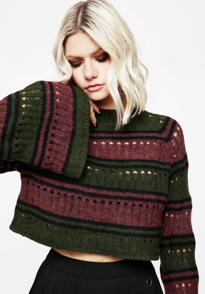 Splinter Stripe Knit Flare Sleeve Crop Sweater