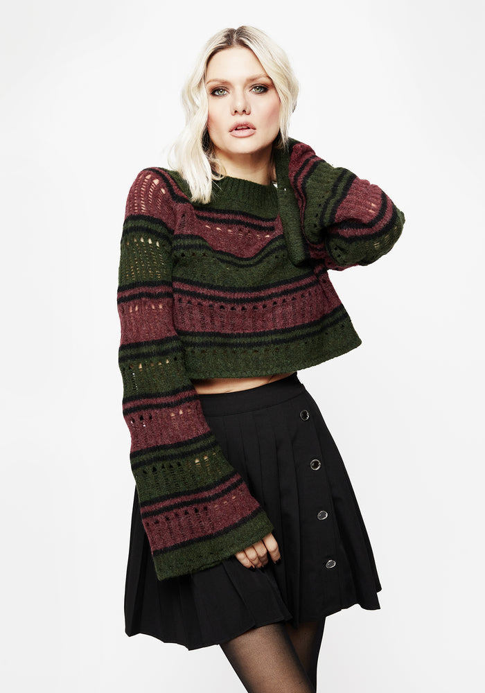 Splinter Stripe Knit Flare Sleeve Crop Sweater