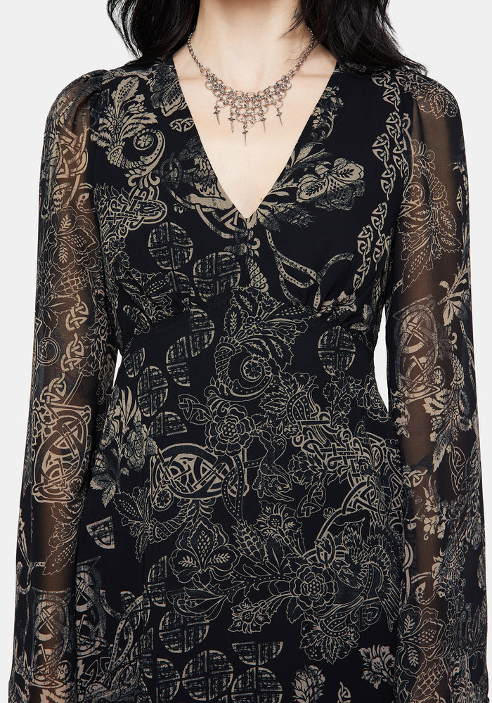 Surge Celtic Print Ruffle Neck Midi Dress
