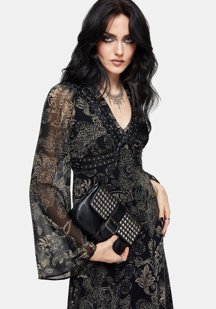 Surge Celtic Print Ruffle Neck Midi Dress