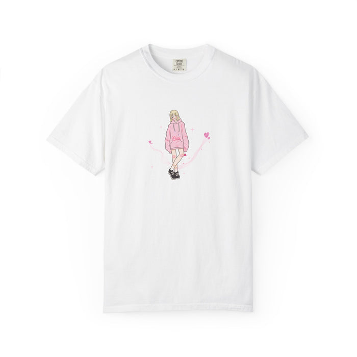 T-Shirt — Pink Hoodie Girl Illustration Tee (Cute Streetwear, Heart Accents)