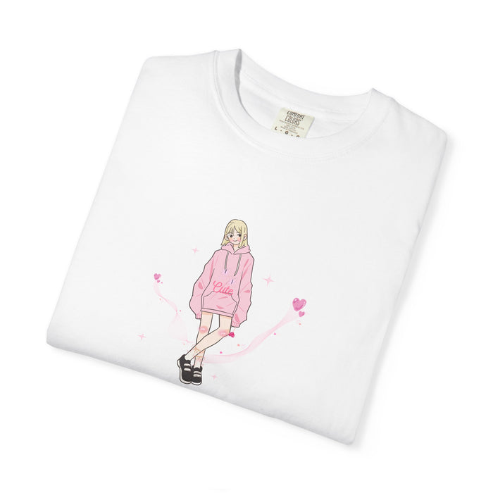 T-Shirt — Pink Hoodie Girl Illustration Tee (Cute Streetwear, Heart Accents)