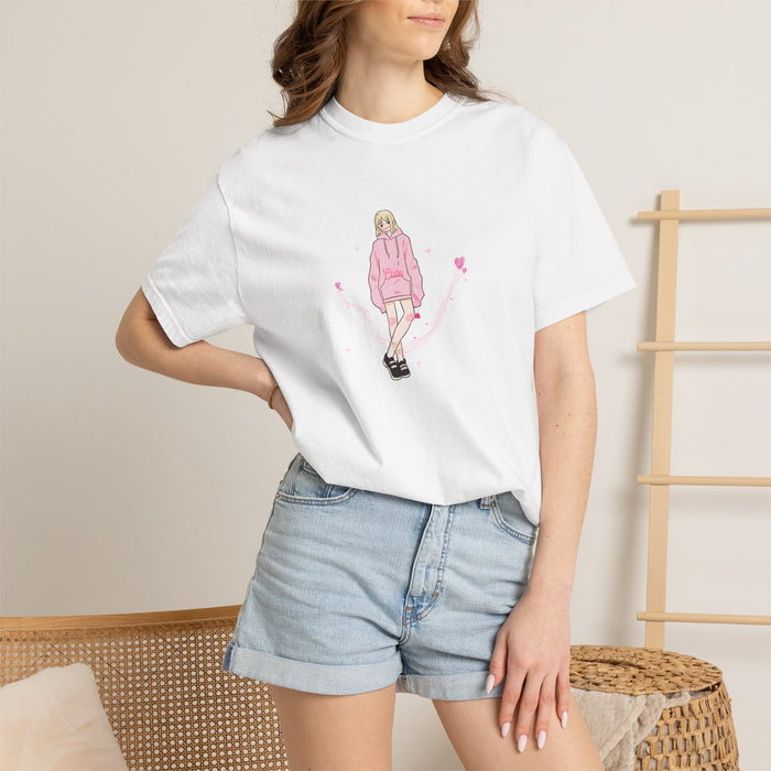 T-Shirt — Pink Hoodie Girl Illustration Tee (Cute Streetwear, Heart Accents)