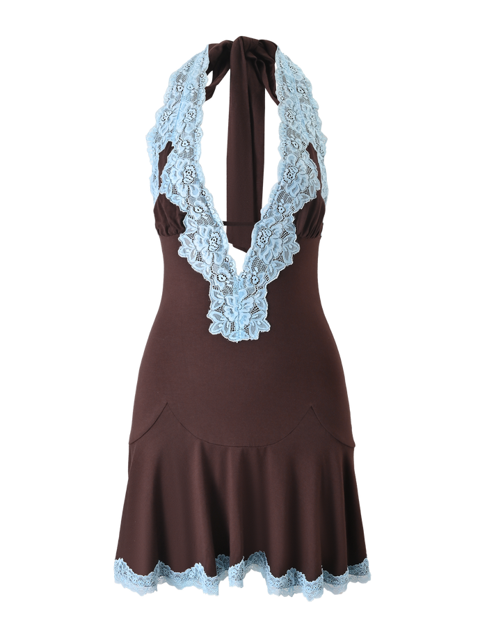 The TALIYAH MINI DRESS by TIGERMIST is a chocolate brown halter mini dress with light blue lace on the neckline and hem, a deep V-neck, and a flared skirt.