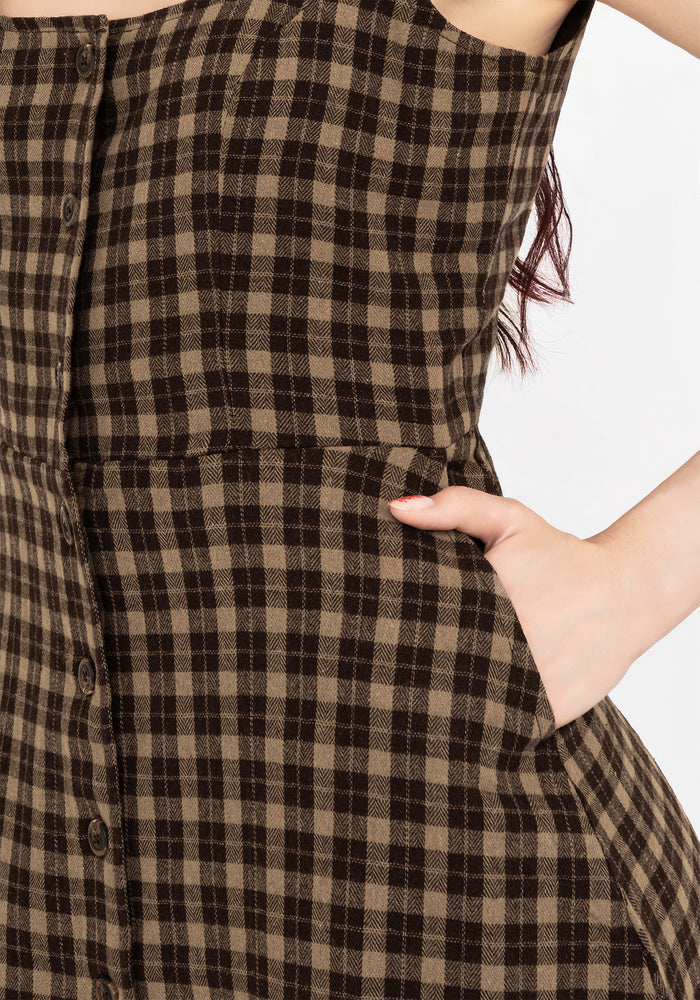 Terra Cotton Check Sleeveless Button Up Mini Dress - Brown