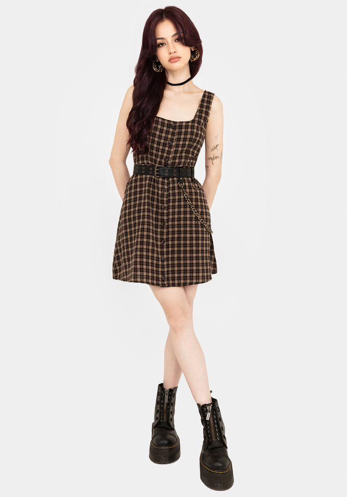 Terra Cotton Check Sleeveless Button Up Mini Dress - Brown