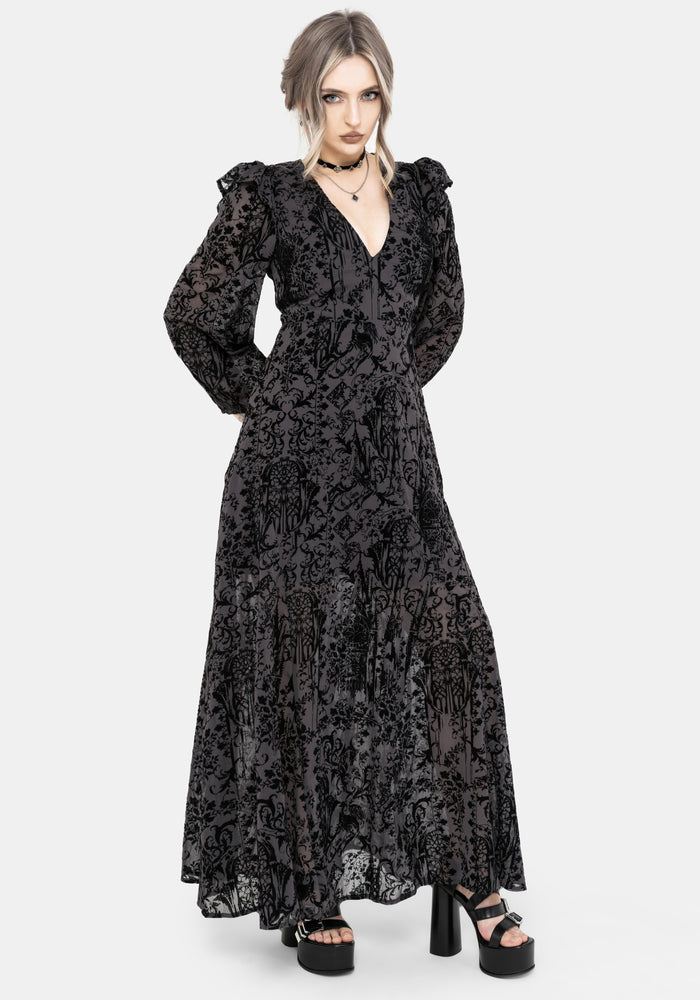 Thorned Flocked Chiffon Castle Print Frill Neck Maxi Dress