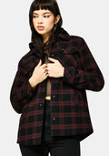 Trellis Hooded Pocket Check Shacket - Burgundy