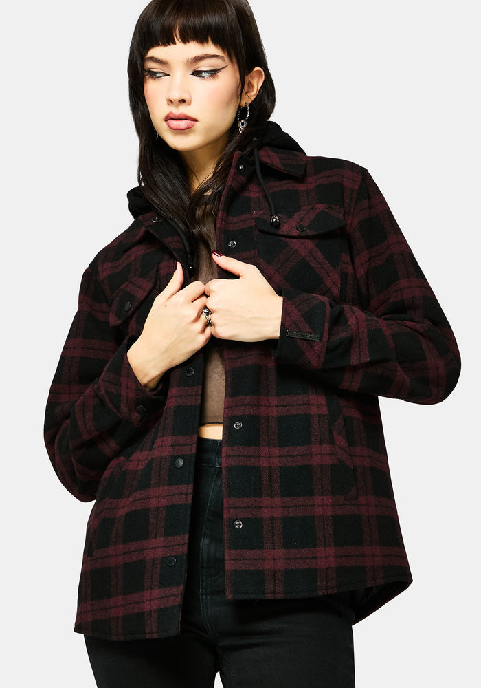 Trellis Hooded Pocket Check Shacket - Burgundy