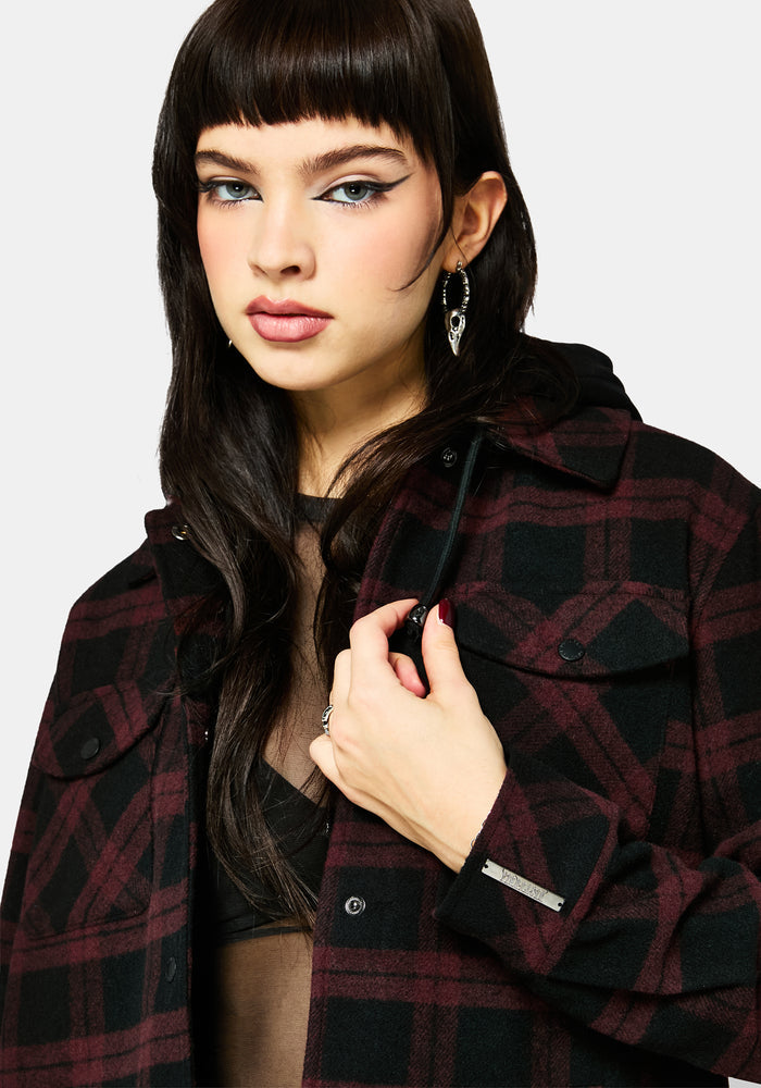 Trellis Hooded Pocket Check Shacket - Burgundy