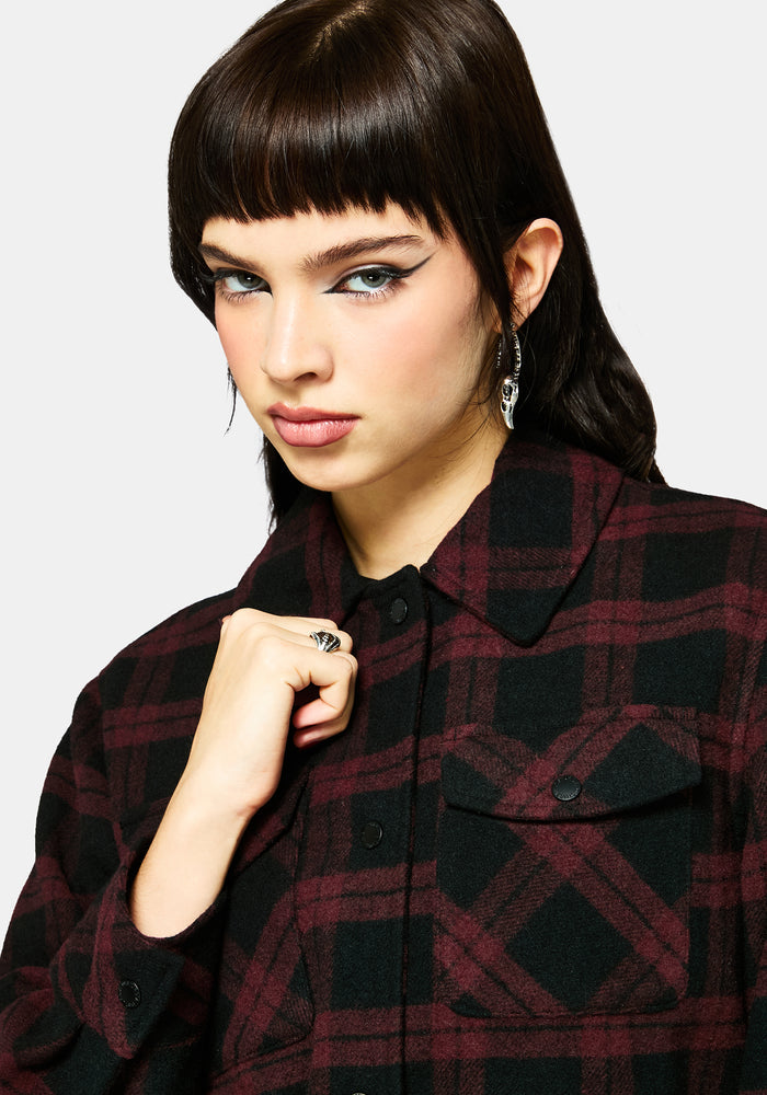 Trellis Hooded Pocket Check Shacket - Burgundy