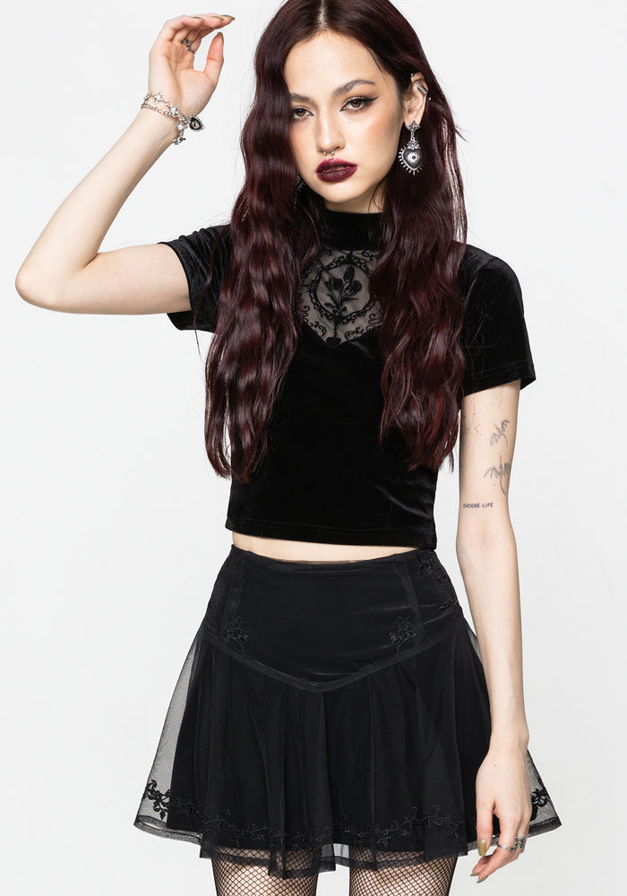 Trixie Velvet Fishnet Embroidered Mini Skirt US 2