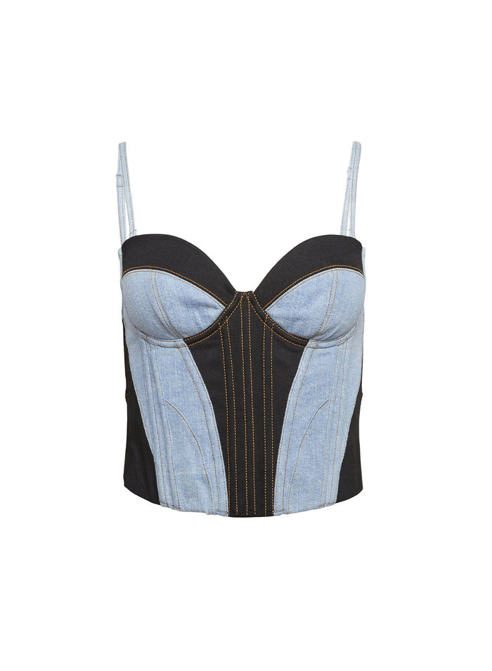 Two Tone Denim Bustier-black lightwash denim-flat