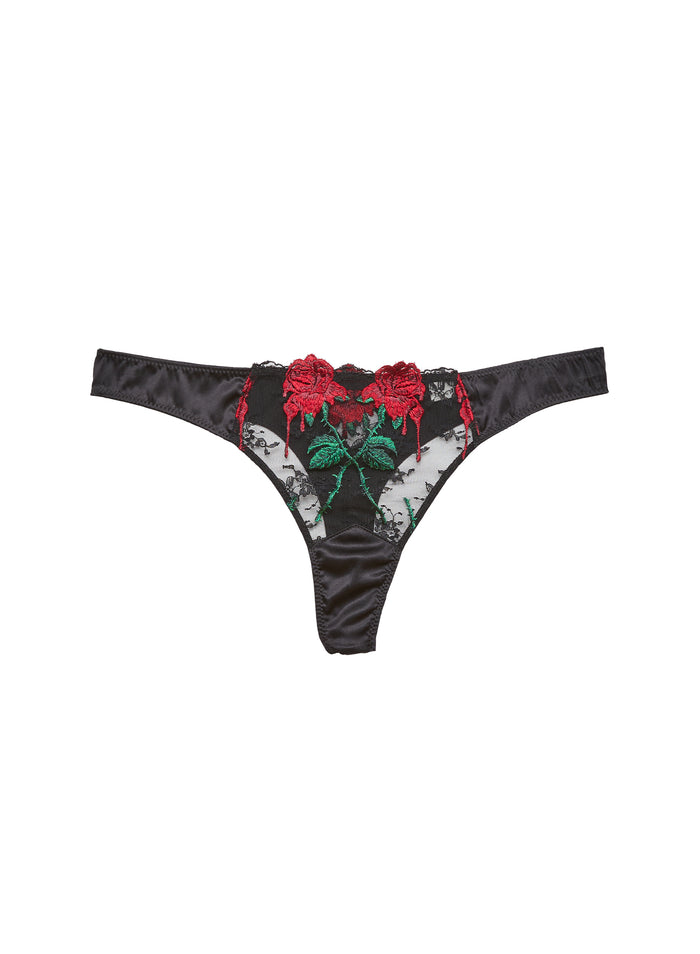 Vampire Rose Embroidery Thong-black-flat