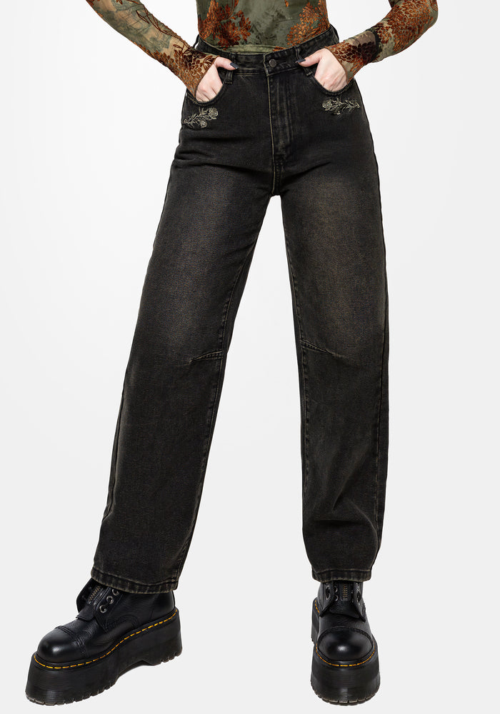 Veltha Floral Embroidered Denim Barrel Leg Jeans