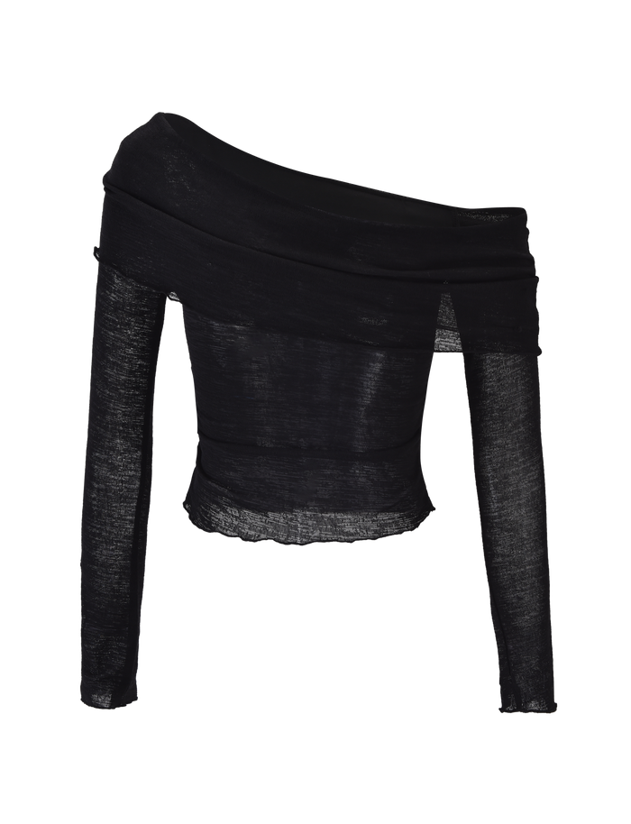 The VERA TOP - BLACK by TIGERMIST features a sheer black mesh design with long sleeves and an off-the-shoulder neckline, crafted in lightweight textured knit for a fitted silhouette.