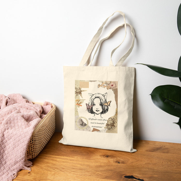 Vintage Floral Kitty Tote Bag — 'Find Your Voice' Canvas Market Tote