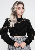 Volla Lace Ruffle Distressed Knit Crop Sweater