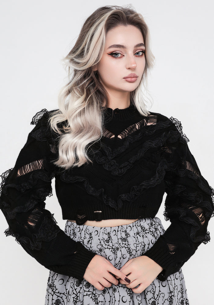 Volla Lace Ruffle Distressed Knit Crop Sweater