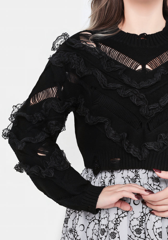Volla Lace Ruffle Distressed Knit Crop Sweater