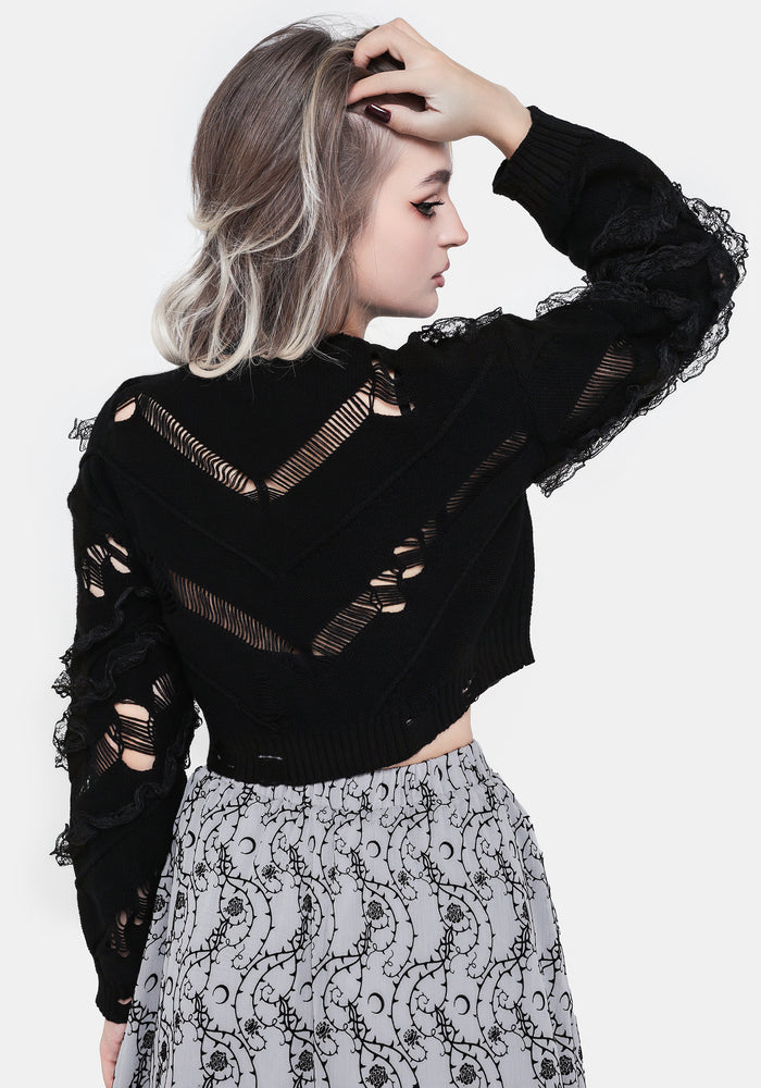 Volla Lace Ruffle Distressed Knit Crop Sweater