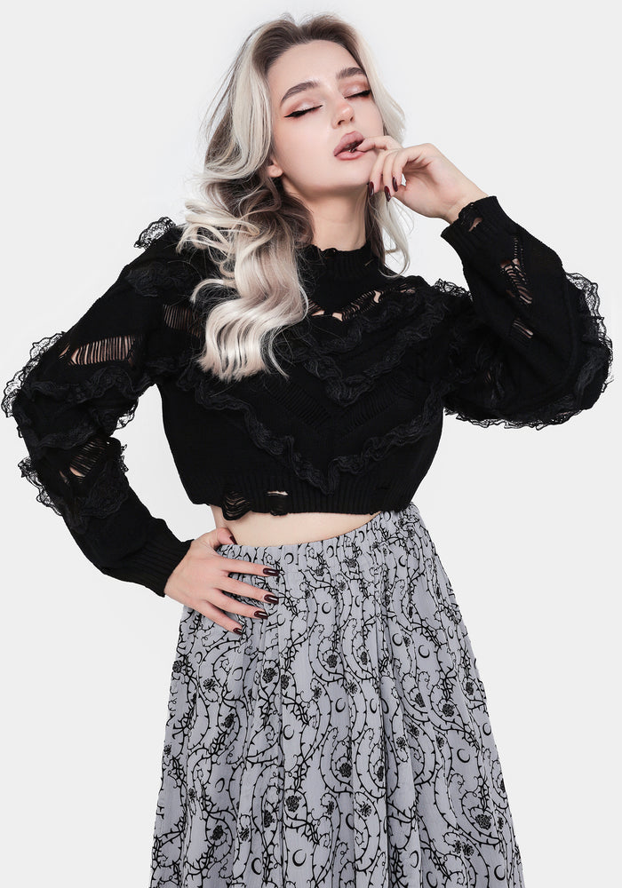 Volla Lace Ruffle Distressed Knit Crop Sweater