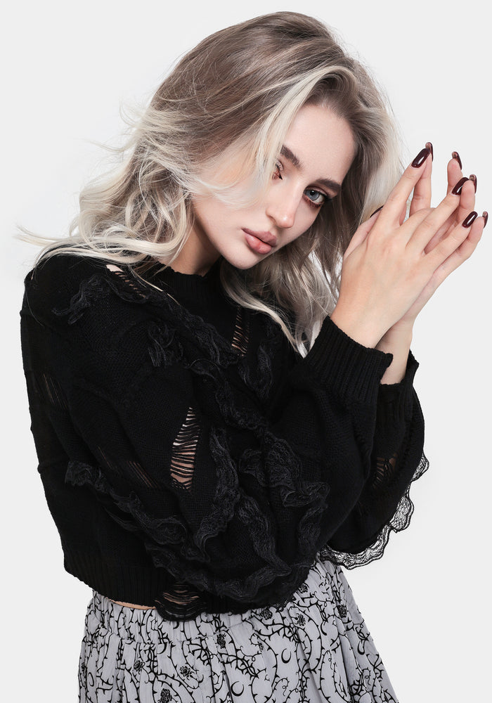 Volla Lace Ruffle Distressed Knit Crop Sweater