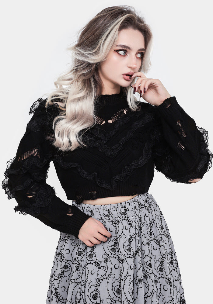Volla Lace Ruffle Distressed Knit Crop Sweater