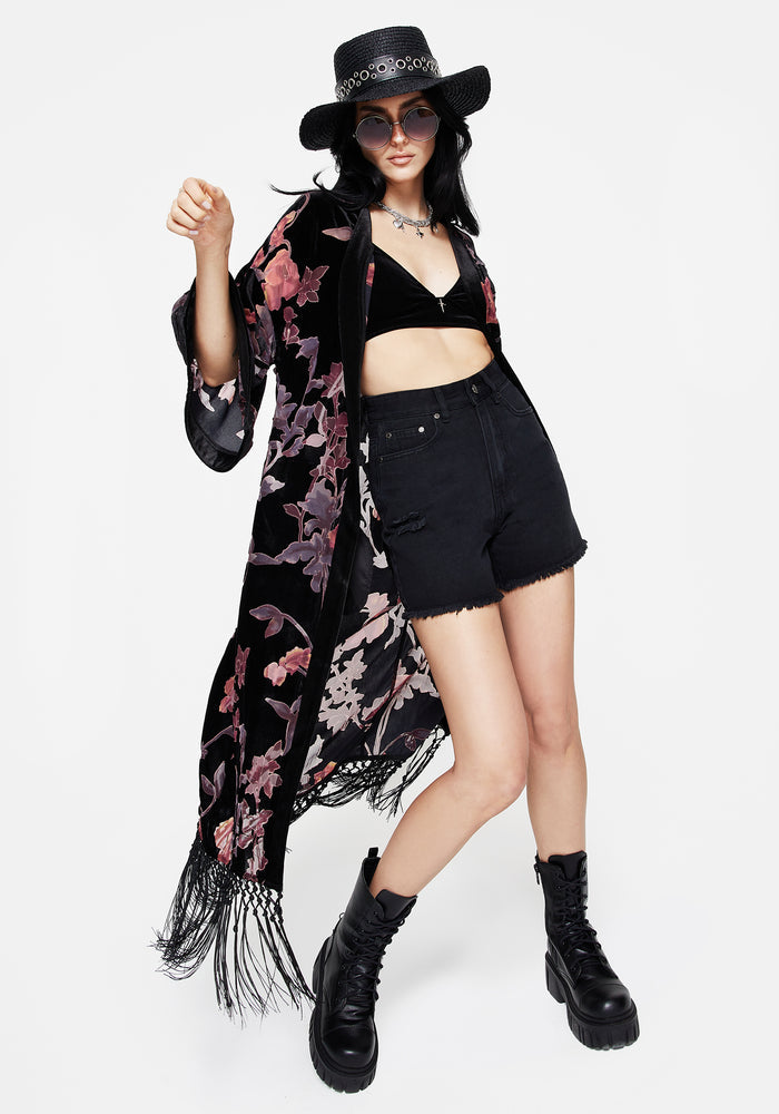 Waterlily Burnout Fringe Trim Longline Kimono