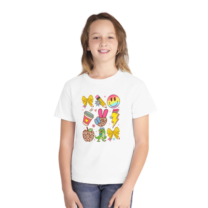 Whimsical Sticker Collage Youth Tee | Smile, Butterfly, Dino, Lightning, Coffee