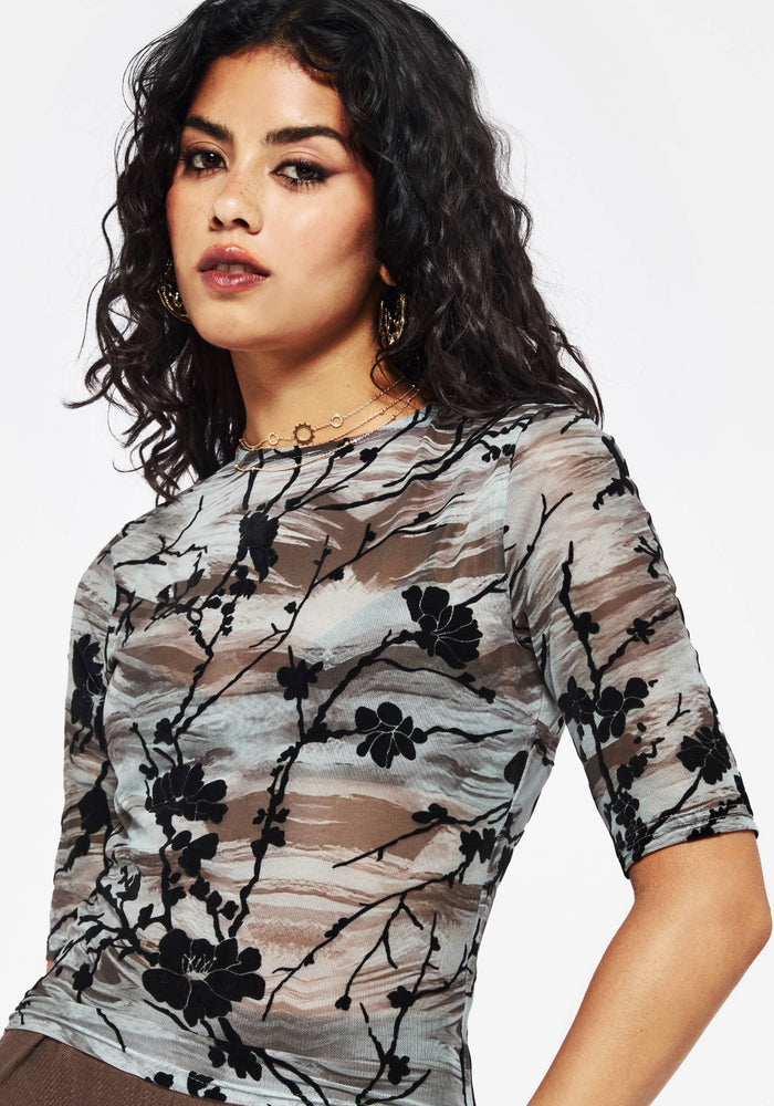 Wytchelm Flocked Mesh Short Sleeve Top - Blue