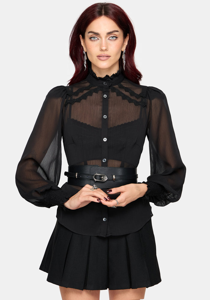 Zia Chiffon Sheer Lace Trim Shirt