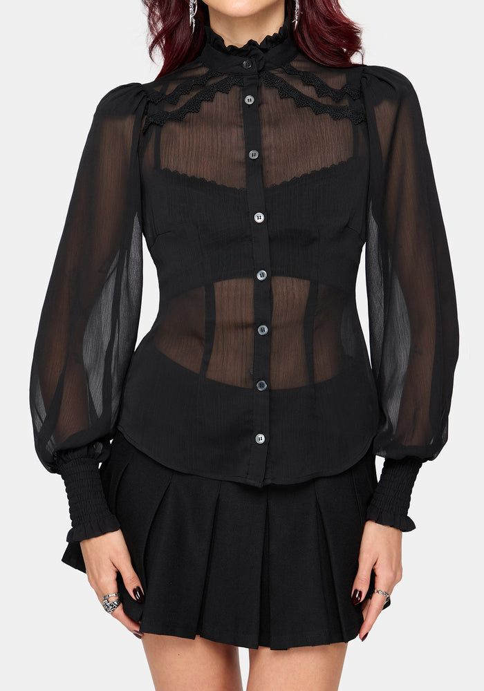 Zia Chiffon Sheer Lace Trim Shirt