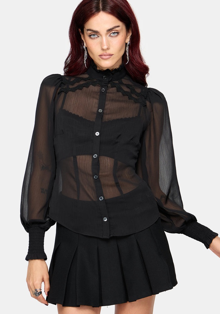 Zia Chiffon Sheer Lace Trim Shirt